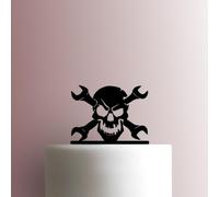 Decoración acrílica para tartas, diseño de calavera mecánica con huesos cruzados, 7 pulgadas de ancho, color naranja