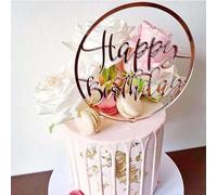 Decoración acrílica para tartas, diseño redondo de oro rosa con texto "Happy Birthday"