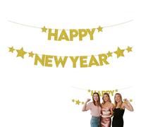 Decoración Año Nuevo 2026 Pancarta Feliz Año Nuevo Negra con Letras Doradas, Guirnalda Triangular Plateada para Fiesta Fin de Año, Adorno Colgante para Hogar, Escuela o Restaurante