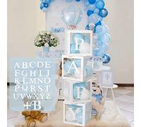 Decoracion Baby Shower Niño o Niña, 4 Cajas Transparentes para Globos de bebé con 27 Letras para Decoración Baby Shower Niño, Cajas de Fiesta Gender Reveal, Decoración de Fondo
