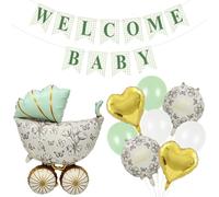 Decoración Baby Shower Verde Dorado, Set Fiesta Oh Baby | Globos y carrito vintage para gender reveal, celebración prenatal sin género, nacimiento y reunión familiar