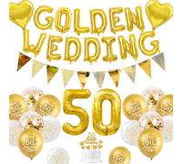Decoracion Bodas Oro, Decoracion Aniversario Bodas 50 años Globos Happy 50th Anniversary Globos Blancos Oro Metálicos Pancarta 50 Golden Wedding Cake Topper