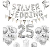 Decoracion Bodas Plata, Decoracion Aniversario Bodas 25 años Globos Bodas Plata 25 Globos Happy 25th Anniversary Globos Blancos Plateados Metálicos Pancarta 25 Silver Wedding Cake Topper