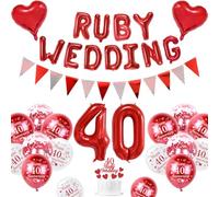Decoracion Bodas Rubí, Decoracion Aniversario Bodas 40 años Globos Bodas Rubí 40 Globos Happy 40th Anniversary Globos Blancos Rojo Metálicos Pancarta 40 Ruby Wedding Cake Topper