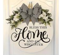 Decoración colgante de puerta de bienvenida con diseño floral de primavera y inscripción BLESS THIS HOME para uso en exteriores (B)