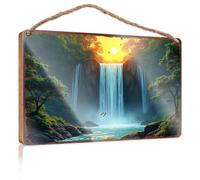 Decoración colgante para porche al aire libre, puesta de sol, serenidad: una cascada majestuosa con resplandor, letrero de madera para colgar en el porche delantero (20 x 30 cm)