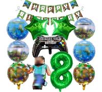 Decoración con globos para la fiesta de cumpleaños de un niño de 8 años con temática de videojuegos: Pancarta, Globos de personajes, Globos de pentagrama, Globo de mando de videojuegos