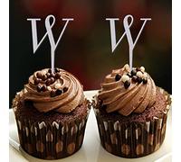 Decoración con monograma de letra W para cupcakes, letra única con inicial con purpurina plateada para bodas, despedidas de soltera, fiestas, decoración retro botánica, 26 letras, regalos de boda, 6