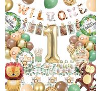 Decoracion Cumpleaños 1 Año, Globos de Cumpleaños 1 Año Niña Niño, Decoracion Fiesta con Globos, Platos de Papel, Vasos, Manteles, Safari Festa de Aniversário Infantil para 20 Invitados