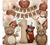 Decoración Cumpleaños 1 Año Niño Niña, Kit Fiesta Oso, Globos Número 1, Globos Oso y Corazón, Banner Happy Birthday, Decoración Baby Shower Neutra