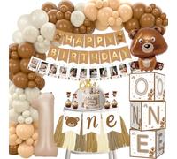 Decoracion Cumpleaños 1 Año para Niño, Oso Globos de Cumpleaños 1 Año con Cajas de Globos, Foto Banner, Globos de Aluminio Número 1,Decoracion Tartas, Decoración para Baby Shower Niña