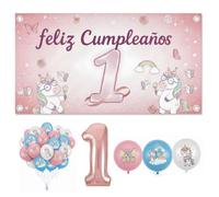 Decoración Cumpleaños 1 Año Unicornio Infantil - Set Completo con Pancarta Feliz Cumpleaños 110x80 cm, 30 Globos Impresos, Globo Número 1 Rosa y Cinta - Fiesta Primer Cumpleaños