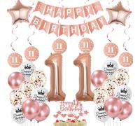 Decoración Cumpleaños 11 Años Niña, Rosa Oro Globos, Happy 11th Birthday Guirnalda Banderola