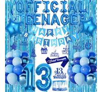 Decoracion Cumpleaños 13 Años Niño, Globos Oficial para Adolescentes Azul, Pancarta de Feliz Cumpleaños, Globo Número13, Topper Tarta Cinta Espirales, Azul Globos de Cumpleaño 13 Años Niño Party Deco