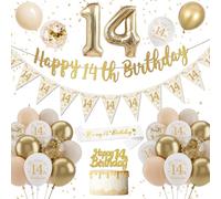 Decoración Cumpleaños 14 Años, Globos 14 Cumpleaños Dorado Blanco, Pancarta De Feliz Cumpleaños, Número 14 Globo Cumpleaños para Decoración Cumpleaños Mujer