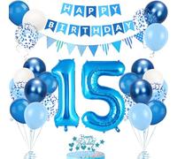 Decoración Cumpleaños 15 Años Azul para Chicos y Chicas, Globos y Accesorios para Fiesta