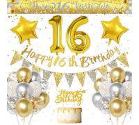 Decoracion Cumpleaños 16 Años Chica Chico, Dorados Plateados Globos de Cumpleaños 16 Años, Pancarta Feliz 16 Cumpleaños, Globo Número 16, Oro y Plata Globos Confeti Decoracion de Fiesta para Niña Niño