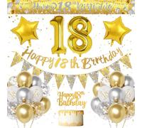 Decoracion Cumpleaños 18 Años Chica Chico, Dorados Plateados Globos de Cumpleaños 18 Años, Pancarta Feliz 18 Cumpleaños, Globo Número 18, Oro y Plata Globos Confeti Decoracion de Fiesta para Niña Niño