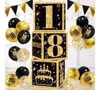 Decoracion Cumpleaños 18 Años Chico Chica - Globos 18 Cumpleaños Negros y Dorados, Caja de Cumpleaños Oro Negro, Bandera Triangular para Photocall 18 Cumpleaños Adornos Niños Niñas Happy 18th Birthday
