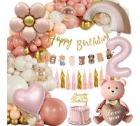 Decoracion Cumpleaños 2 Años, Decoración Cumpleaños Niña, Globos de Cumpleaños Rosa Retro, Kit Fiesta Cumpleaño Infantil, Globos Cumpleaños 2 Año Niña, Foil Globo 2 Años Oso Banderola Feliz Cumpleaños