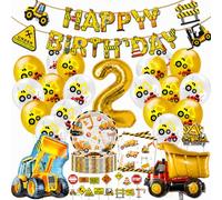 Decoración Cumpleaños 2 Años Excavadora, Vajilla para Fiesta de Construcción para Niños, Excavadora Decoración Cumpleaños 2 Años, Incluye Inserto de Pastel, Globos y Vajilla para 20 Personas