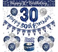 Decoración Cumpleaños 30 Años Hombre, Globos Cumpleaños 30 Años, Globos Azules y Plateados, Globos 30 Años, Banner de Feliz Cumpleaños, Decoracion Fiesta 30 Cumpleaños Globo Confeti para Hombre