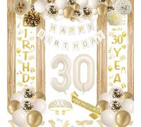 Decoracion Cumpleaños 30 Años Oro Blanco, Globos y Arco de Oro Blanco, Pancarta de Happy Birthday, para Hombre Mujer Cumpleaños 30 Años Decoracione Fiesta (30)