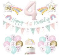 Decoracion Cumpleaños 4 Años, Globos de Cumpleaños, Globos Arco Iris Estrellas, Globos Tamaño 4 para Cumpleaños de Niña de 4Años