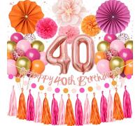 Decoración Cumpleaños 40 Años, Globos de Cumpleaños 40 Años Mujer, Globos Rosa y Naranja, Happy Birthday Guirnalda, Decoracion Fiesta Cumpleaños Pompones y Abanicos de Papel para 40 Cumpleaños Mujer