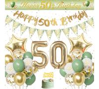 Decoración Cumpleaños 50 Años Mujer Hombre, Globos 50 Cumpleaños Oro Verde, Happy 50th Birthday Pancarta Feliz Cumpleaños Decoracion Tartas para Globos 50