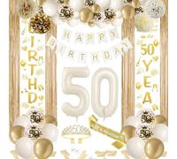 Decoracion Cumpleaños 50 Años Oro Blanco, Globos y Arco de Oro Blanco para Cumpleaños, Pancarta de Happy Birthday, para Hombre Mujer Cumpleaños 50 Años Decoracione Fiesta (50)