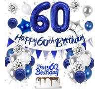 Decoracion Cumpleaños 60 Años Azul, Azul Globos Decoración para 60 Hombre, Globo de Aluminio, Pancarta Triángulo, Globos Decoración 60 Años para Hombre Mujer Cumpleaños Fiesta Decoraciones