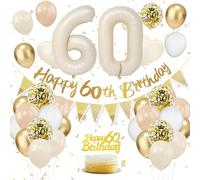 Decoración Cumpleaños 60 Años Beige, Globos de Aluminio, Pancartas, para Hombre Mujer Fiesta