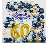 Decoración Cumpleaños 60 Años, Globos Azul Marino y Dorado, Pancarta Feliz Cumpleaños, Arco de Globos para Hombres y Mujeres