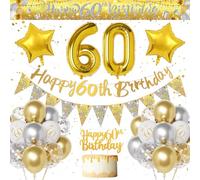 Decoracion Cumpleaños 60 Años Hombre Mujer, Dorados Plateados Globos de Cumpleaños 60 Años, Pancarta Feliz 60 Cumpleaños, Globo Número 60 Oro, Globos Confeti Decoracion de Fiesta para Hombre Mujer