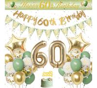 Decoración Cumpleaños 60 Años Mujer Hombre, Globos 60 Cumpleaños Oro Verde, Happy 60th Birthday Pancarta Feliz Cumpleaños Decoracion Tartas para Globos 60