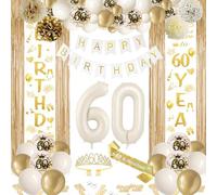 Decoracion Cumpleaños 60 Años Oro Blanco, Globos y Arco de Oro Blanco para Cumpleaños, Pancarta de Happy Birthday, para Hombre Mujer Cumpleaños 60 Años Decoracione Fiesta (60)