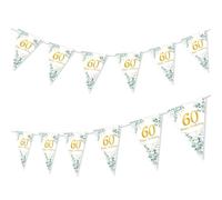 Decoracion Cumpleaños 60 Años Oro Verde, Guirnalda Banderines 60 Cumpleaños, Pancarta Triángulo Happy Bithday 60 Años, 60 Cumpleaños Banderines Oro Verde Blanco para Hombre Mujer Fiesta
