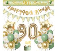 Decoración Cumpleaños 90 Años Mujer Hombre, Globos 90 Cumpleaños Oro Verde, Happy 90th Birthday Pancarta Feliz Cumpleaños Decoracion Tartas para Globos 90