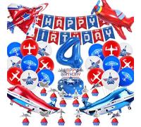 Decoración Cumpleaños Aviones 4 Años,Globos Aviones de Aluminio Helio,52 Pcs Aviones Fiesta Decoración,Aviones Temá Cumpleaños Set Niños Niñas con Tarta Topper Happy Birthday Banner