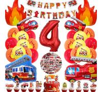 Decoración Cumpleaños Bomberos 4 Años Niño, Globos Metalizados de Camión de Bombera, Fiesta Infantil Tema Bombero, Pegatinas para Tarta y Banner Feliz Cumpleaños (Kit Completo Bomberos 4 Años)
