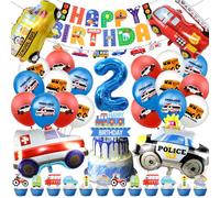 Decoración Cumpleaños Coche 2 Años,Camión Bomberos Cumpleaños de Globos,Transportes Fiesta Decoración,Car Temá Cumpleaños Niños Niñas Set con Tarta Topper Happy Birthday Banner