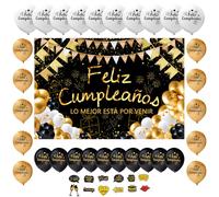 Decoración Cumpleaños Completa 84 Piezas - Photocall Pancarta Feliz Cumpleaños Español110x80cm 30 Globos Banner Fiesta 12 stickers - Infantil Adultos Fiesta Fotocoll Telon de Fondo cartel celebracion