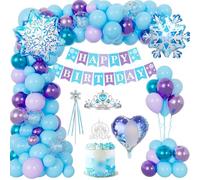 Decoracion Cumpleaños Elsa Niña, Globos Elsa Cumpleaños con Happy Birthday Banner Corona Fairy Wand 3D Elsa Foil Globos Cake Topper, Azul Púrpura Elsa Globos para Fiesta Princesas