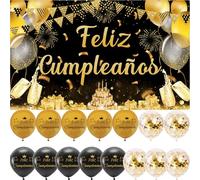 Decoración Cumpleaños en Español - Pancarta Feliz Cumpleños, 15 Globos, Photocall, Fondo Cartel, Adornos Kit - Oro Negro Happy Birthday