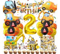 Decoración Cumpleaños Excavadora 2 Años, Pegatinas de Deco de Pastel, Nuevas Globos de Construcción Grandes, Decoración Sitio Construcción Fiesta Infantil (Kit Excavadora Niños 2 Años)