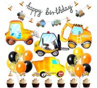 Decoración Cumpleaños Excavadora, 22 Piezas Globos Aluminio de Obra Niños Grúa Montacargas con Pancarta Happy Birthday, Fiesta De Construcción para Infantiles