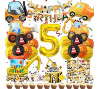 Decoración Cumpleaños Excavadora 5 Años, Pegatinas de Deco de Pastel, Nuevas Globos de Construcción Grandes, Decoración Sitio Construcción Fiesta Infantil (Kit Excavadora Niños 5 Años)