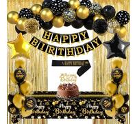 Decoracion Cumpleaños Feliz con Globos de Cumpleaños Oro Negro, Pancarta Happy Birthday, Manteles de Mesa, Cortinas Foil Dorados, Pompones, Banda para Happy Birthday Decoracion Fiesta Mujer Hombre