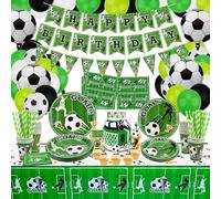 Decoracion cumpleaños futbol, Incluye bandera de fútbol, platos, servilletas, vasos, mantel y pajitas de papel para decoraciones de cumpleaños con temática deportiva para niños, para 20 invitados